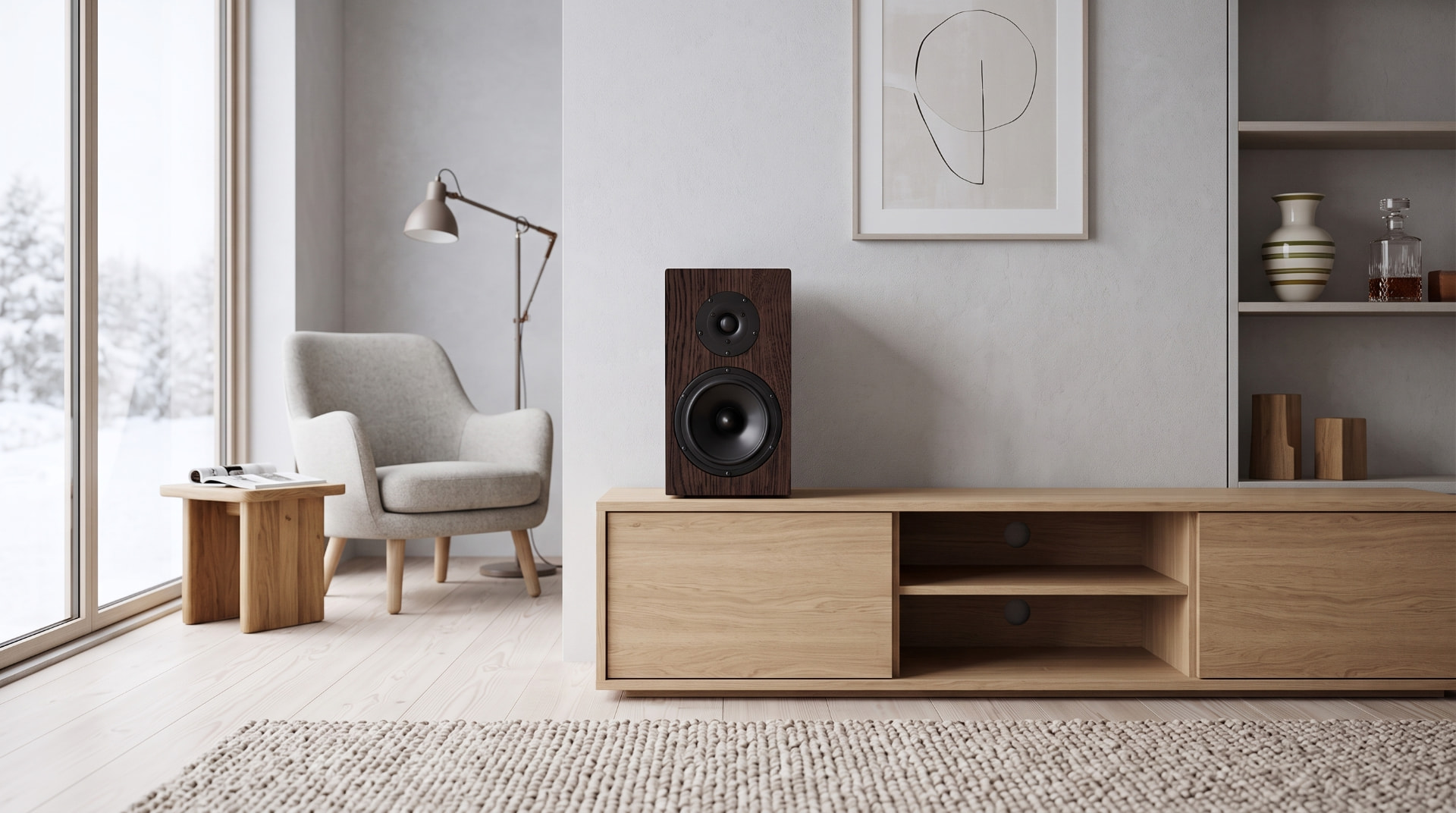 A handcrafted Haient loudspeaker on a light oak media console in a minimalist Scandinavian living room